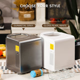 Two trash cans, one gunmetal gray and one gloss pearl white, on a kitchen counter with text 'Choose Your Style'.