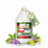 Bottle of 'Root Ruckus!' plant food with flowers and leaves on a white background