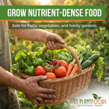 Person holding a basket of fresh vegetables with a focus on nutrition and safety, featuring GS Plant Foods branding.