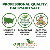 GS Plant Foods product label with icons and text about quality, safety, and suitability for organic growing.