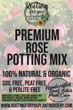 Advertisement for premium rose potting mix with branding and product details.