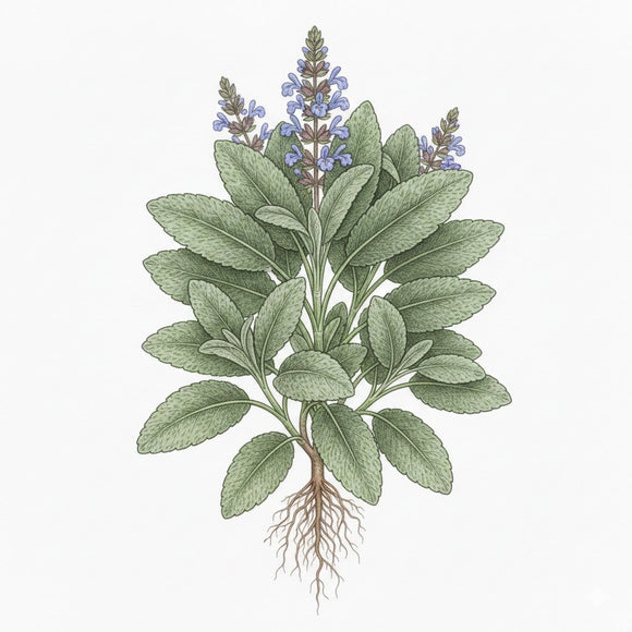 Illustration of a sage with green leaves and purple flowers on a white background SAGE Seeds