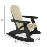 Black and beige St Simons Adirondack Rocker with dimensions on a white background