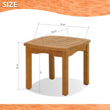 Wooden side table with dimensions on a white background