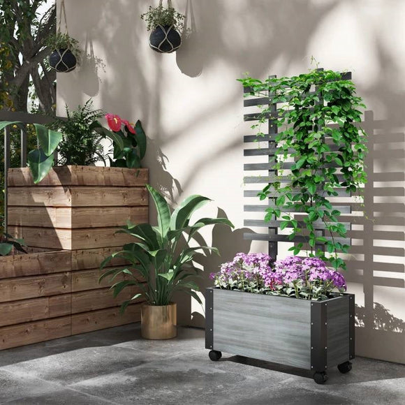 Modern Farmhouse Grey Wood Raised Garden Bed Planter on Wheels with Trellis - FREE SHIPPING