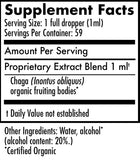 Supplement facts label for a Chaga extract blend with serving size, servings per container, and ingredient list.