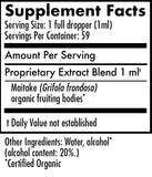 Supplement facts label for a Maitake extract blend with serving size and container details.