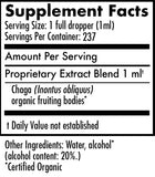 Supplement facts label for a Chaga extract blend with serving size, servings per container, and ingredient list.