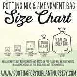 Potting mix and amendment bag size chart with measurements and illustrations of different bag sizes on a light green background.