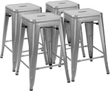 Set of 4 - 24-in. Indoor/Outdoor Backless Stacking Silver Metal Barstools - FREE SHIPPING