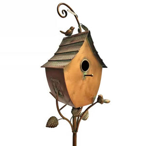 Outdoor Powder Coated Iron Birdhouse with 3-Prong Garden Stake in Copper Finish - FREE SHIPPING