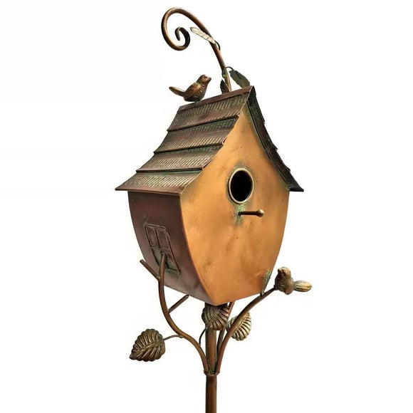 Outdoor Powder Coated Iron Birdhouse with 3-Prong Garden Stake in Copper Finish - FREE SHIPPING