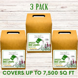Three boxes of Speedy Bee Lawn Seed Kit on a wooden surface with text indicating coverage and pack size.