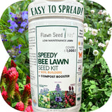 Flawn Seed Kits Speedy Bee Lawn Seed Kit with soil builders and compost booster on a green background with flowers.