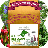 Flawn Seed Kits Speedy Bee Lawn Seed Kit packaging with compostable package label and garden scene.