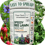 Flawn Seed Kits Speedy Bee Lawn Seed Kit with soil builders and compost booster on a green background with plants and flowers.