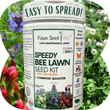 Flawn Seed Kits Speedy Bee Lawn Seed Kit with soil builders and compost booster on a green background with plants.