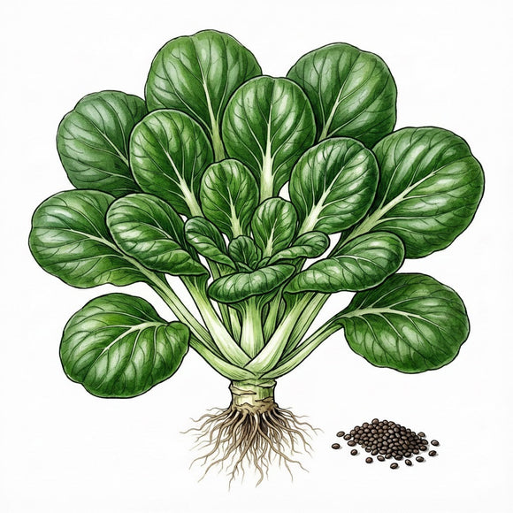 Illustration of green leafy mustard vegetable with roots and seeds on a white background SPINACH Seeds, Bloomsdale
