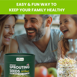 Family with a container of organic sprouting seeds and a jar of sprouts, promoting a healthy lifestyle.