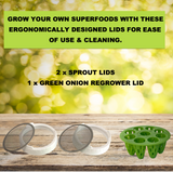 Three green and white plastic sprout lids and a green onion regrower lid displayed on a wooden surface with a bright green bokeh background and text overlay describing the items.