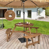 Outdoor Solid Wood Round Picnic Table Set with Umbrella Hole and 3 Benches - FREE SHIPPING