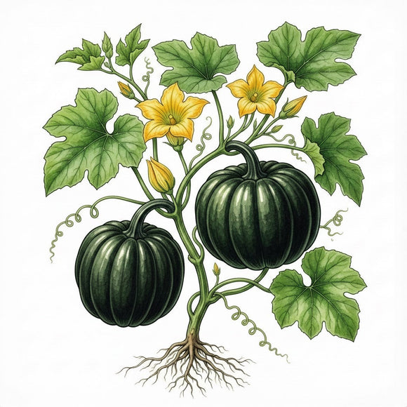 Illustration of a squash plant with green pumpkins and yellow flowers on a white background SQUASH (Acorn) Seeds, Table Queen