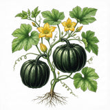 Illustration of a squash plant with green pumpkins and yellow flowers on a white background SQUASH (Acorn) Seeds, Table Queen