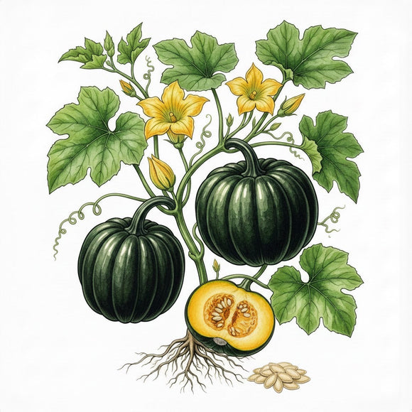 Illustration of a green buttercup squash plant with flowers and seeds on a white background SQUASH (Buttercup) Seeds, Burgess