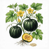 Illustration of a green buttercup squash plant with flowers and seeds on a white background SQUASH (Buttercup) Seeds, Burgess