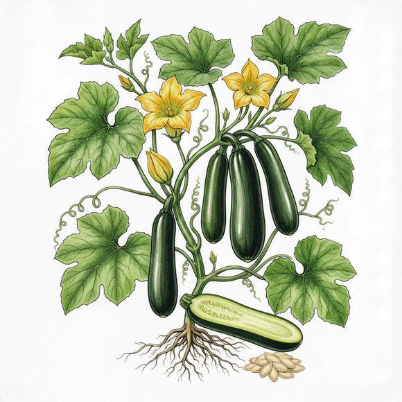 Illustration of a squash plant with green cucumbers, leaves, and flowers on a white background SQUASH Seeds, Black Beauty