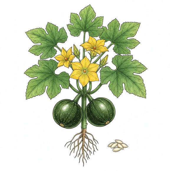 Illustration of a plant with round zucchini yellow flowers, and roots on a white background SQUASH Seeds, Zucchini Round