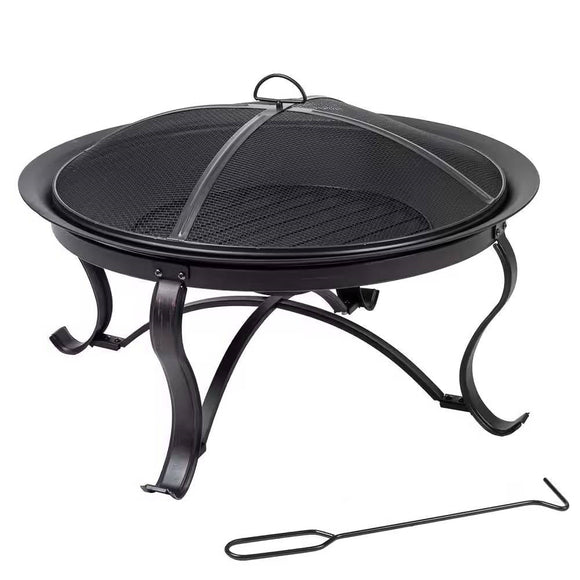 30-inch Round Steel Outdoor Fire Pit with Mesh Cover and Poker in Bronze - FREE SHIPPING