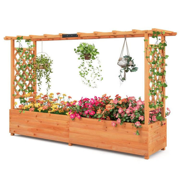 Solid Fir Wood Rectangle Raised Garden Bed with Side Trellis - FREE SHIPPING