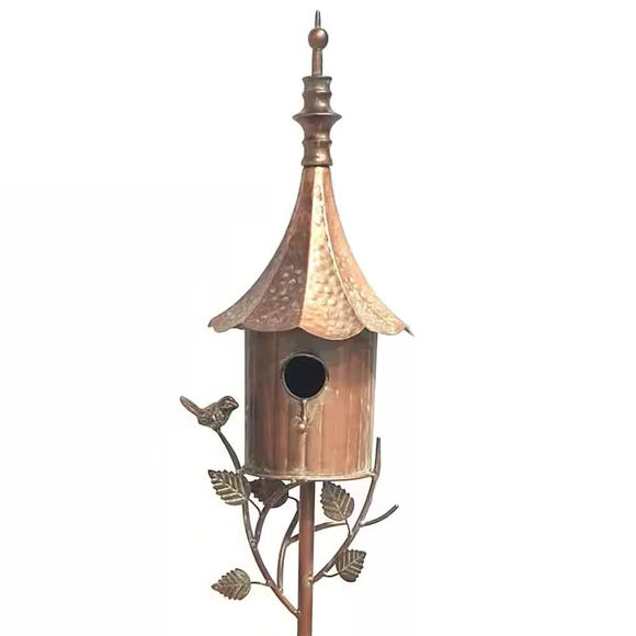Outdoor Copper Finish Iron Gramophone Roof Birdhouse with Garden Stake - FREE SHIPPING