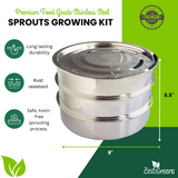 Stainless steel sprouts growing kit with green background and ZestiGreens branding