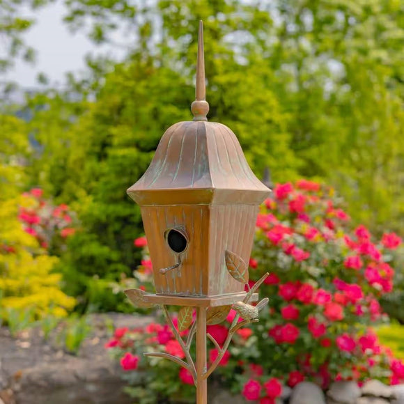 Copper Finish Metal Garden Birdhouse with Stake and Pole - FREE SHIPPING