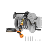 Garden hose reel with hose and connectors on a white background