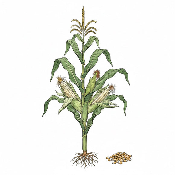 Illustration of a corn plant with ears and kernels on a white background SWEET CORN Seeds, Silver King White