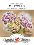Peaceful Valley Farm & Garden Supply narrowleaf milkweed seed packet with flowers and a bee.