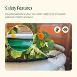 Garden border with safety features for children and pets, featuring rounded corners and heavy-duty edging.