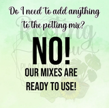 Text on a green background about potting mix, with floral elements.