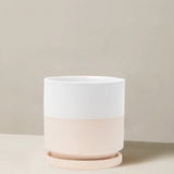 White ceramic planter with a beige base on a neutral background