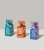 Three colorful boxes with floral designs and text on a light gray background Seed Bomb