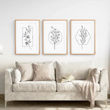 Beige sofa with decorative pillows and a blanket, featuring Minimal Flower Line Art: Black White Wall Art Set on the wall.