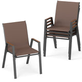 Two outdoor patio chairs with brown sling fabric seats and backs and dark gray metal frames, shown on a clean white background.
