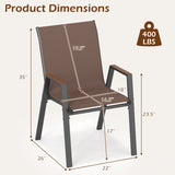 Product dimensions diagram of a brown mesh outdoor dining chair with a dark gray frame, showing height, width, and depth measurements, plus a weight icon indicating 400 LBS.