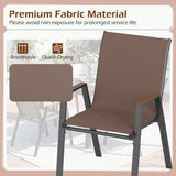 Brown mesh patio dining chair with a dark gray metal frame, shown with a fabric material inset and text highlighting breathable and quick-drying properties.