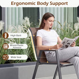 A woman sits on an outdoor patio chair reading a magazine, with callout labels pointing to the chair's features: high back, wood-plastic armrest, and wide seat. The image includes the text 'Ergonomic Body Support' at the top.