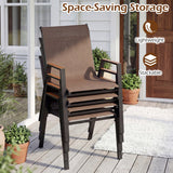 A stackable outdoor patio chair with a brown sling seat and backrest and dark brown wooden armrests, shown on a wooden deck in front of a house. Text overlays read 'Space-Saving Storage' and feature icons for 'Lightweight' and 'Stackable'.