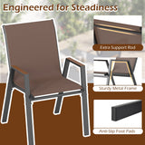 Brown mesh outdoor dining chair with a sturdy dark gray metal frame, shown with feature callout panels on the right highlighting an extra support rod, sturdy metal frame, and anti-slip foot pads.